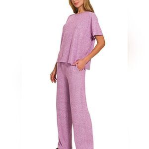 Zenana Soft Melange Short Sleeve Tee & Long Pants Matching Set Lounge Wear S M L